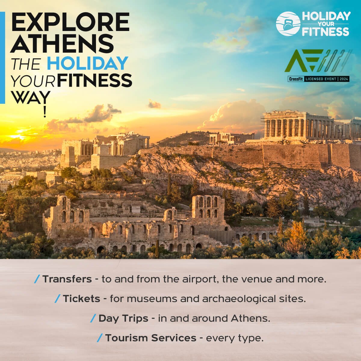 Acropolis at sunrise with the logos of Athens Throwdown and Holiday your Fitness on it.